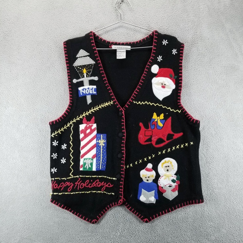 Victoria Jones Sweater Vest Womens Large Black Christmas Santa Ugly Holiday